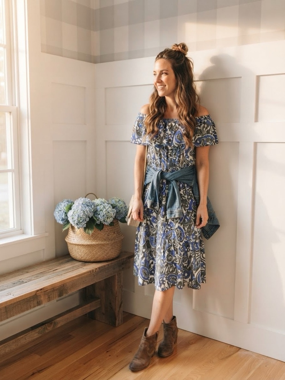Off-Shoulder Blue Paisley Midi‎ Dress with Tie Waist Medium